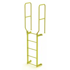 This fixed ladder is constructed of steel with 5 rungs and a single-section design. It has an overall width of 28 inches and is intended for permanent industrial access applications where a walk-through configuration is needed, such as providing climbing access to platforms or elevated equipment.