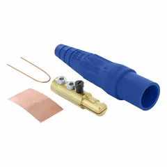 Male plug from the 16 Series rated 600V AC/600V DC at 300 A. Features double set screw termination for secure high-current connections. Blue housing. Used in power distribution and heavy machinery applications.