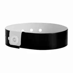 Black vinyl security wristband with no printed legend. Each measures 10 inches overall length and 3/4 inch overall width. Supplied in a 500-pack. Suitable for access control, event identification, and patient tracking.