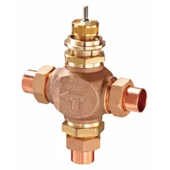 Bronze body, tee-pattern 3-way globe valve with 1 in female union sweat connections and brass seat. Rated at 11.6 Cv flow coefficient. Used in hydronic heating and cooling systems for mixing or diverting flow control.