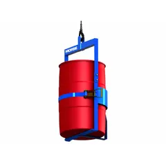 This drum lifting cradle is designed for handling 55-gallon metal drums. Constructed from carbon steel with a blue finish, it features a body grip location for secure lifting. Suitable for use in warehouses and manufacturing facilities for transporting drums weighing up to 1000 lb.