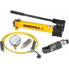 Hydraulic nut splitter set with 15 ton nominal capacity. Accommodates bolt sizes from 5/8 in to 7/8 in and hex nut sizes from 15/16 in to 1-1/8 in. Used for removing corroded or seized nuts without damaging bolt threads in maintenance and repair applications.
