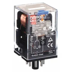Plug-in relay with octal base and 8 round pins. DPDT contact configuration rated 10 A at 250V AC resistive load. 110V DC coil. Suitable for general-purpose switching in industrial control panels, automation systems, and machinery.