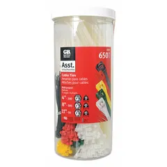 This 650-piece cable tie assortment kit includes Nylon 6/6 ties with plastic pawl locking in assorted colors, including (50) 4.0-inch yellow ties. Used for bundling and securing cables and wires in panel building, maintenance, and wiring projects.