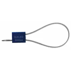 Adjustable-length cable seals with aluminum body and 12-inch cable of 9/64-inch diameter. White marking displays 'Sealed' message with random numbering. Used for tamper-evident security on meters, valves, cargo containers, and other enclosures requiring visual verification of seal integrity. Supplied in 200-pack.