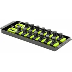 Socket organizer tray with 14 posts for holding sockets. Yellow color. Overall width 3 5/8 inches. Suitable for organizing sockets in toolboxes or workbenches.