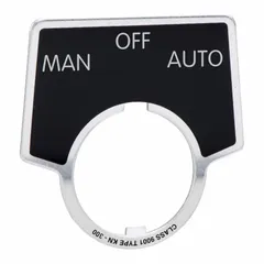 Half-round legend plate for push-button stations, with a 2 in overall height and 1 3/4 in overall width. Features a black and silver metallic aluminum construction with a notch design and 'Man-Off-Auto' legend in English. Used to label switch functions in industrial control panels.