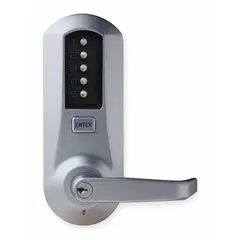 Mechanical push button lockset in chrome finish with clutch lever style. Features key override via KABA Cylinder (Schlage 'C' Keyway). Suitable for commercial and institutional doors requiring keyless entry.