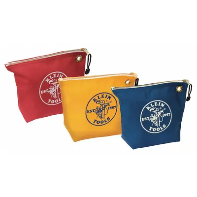 KLEIN TOOLS Tool Bag Set: 10 in W x 3 1/2 in D x 8 in H, Blue/Red/Yellow, Canvas - Canvas Flat Zippered Tool Bag Sets