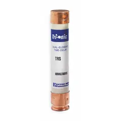 Cylindrical fuse from the TRS-R Series, rated 50 A with 600 V AC and 300 V DC capacity. Class RK5 time-delay design accommodates high inrush currents typical in motor circuits, lighting panels, and distribution equipment. Non-indicating type for branch-circuit overcurrent protection.