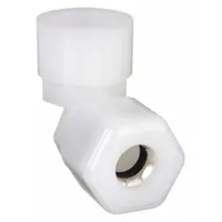 This nylon compression fitting elbow connects 3/8 in OD tubing to a 3/8 in FNPTF female pipe thread. The compression x FNPTF configuration provides a 90-degree turn for routing in fluid systems. Suitable for pneumatic, instrumentation, and low-pressure liquid applications