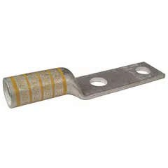 This two-hole compression lug is designed for terminating 250 kcmil stranded copper wire. It features a long copper barrel with an inspection hole and a 5/16 in stud size. Suitable for use in industrial electrical connections such as switchgear and panel boards.
