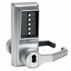 Mechanical keyless access lockset in chrome finish. Features push-button code entry for daily use and key override compatible with Best and Equivalents (6 or 7 pin). Suitable for interior doors in commercial, institutional, and industrial settings.