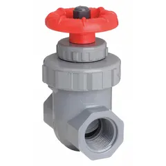 This 1-inch CPVC gate valve features a non-rising stem design with FIPS threaded ends and a solid wedge. The CPVC body, bonnet, and wedge, along with the FKM seat, provide corrosion resistance for on/off flow control in chemical processing, water treatment, and industrial piping systems. Rated at 200 psi CWP, it is operated by a handwheel.