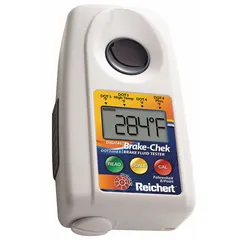 This digital handheld refractometer is designed for brake fluid analysis, measuring boiling points of DOT3 and DOT4 fluids. It features automatic operation with an accuracy of +/-5.0°F and a resolution of 5.0°F. Suitable for automotive maintenance and quality control applications.