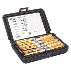 This 11-piece annular cutter set includes TiN-coated cobalt cutters with a 2 in maximum cutting depth. Each cutter features a Weldon Flat shank with a 9/16 in diameter. A pilot pin is included. Suitable for cutting precise holes in metal materials.