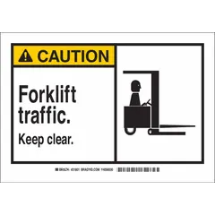 This non-retroreflective caution sign is made of polyester and features adhesive mounting for easy installation on walls, doors, or equipment. It measures 3 1/2 inches by 5 inches and is not glow-in-the-dark nor anti-slip. Commonly used in industrial environments to warn personnel of forklift traffic areas.