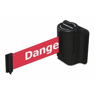 TENSABARRIER Retractable Belt Barrier: Fixed Mounting Plate, 13 ft Belt Lg, Danger Messaging - Wall-Mount Retractable Belt Barriers