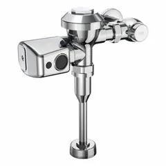 Battery-powered automatic flush valve for urinals with 0.5 gallons per flush. Features a top spud location and 11 1/2-inch rough-in. Suitable for commercial restroom applications requiring touchless operation.