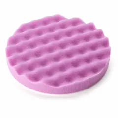 This 6 in diameter purple foam pad features a waffle texture and hook-and-loop backing for attachment to polishers. Rated for a maximum speed of 2,000 RPM, it is designed for machine polishing painted surfaces. The tapered edge helps protect the backing pad edge and reduces the risk of damage to the finish.