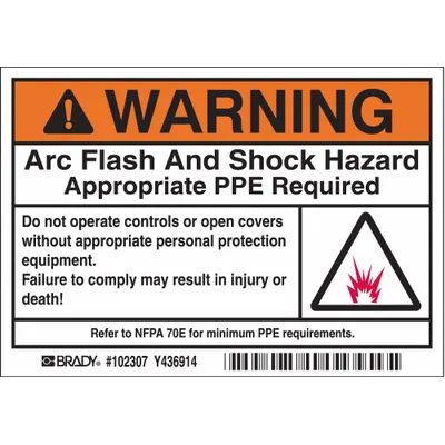 BRADY Label: Polyester, Adhesive Sign Mounting, 3 1/2 in x 5 in Nominal Sign Size - Danger: Arc Flash And Shock Hazard Appropriate PPE Required Do Not Operate Controls Or Open Covers Without Appropriate Personal Protection Equipment Signs