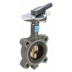 This 3-inch cast iron butterfly valve features a lug-style body for dead-end service and a lever handle for manual on-off control. The aluminum bronze alloy disc and EPDM seat provide corrosion resistance, with a maximum pressure rating of 200 psi (CWP). Suitable for general flow regulation in water, HVAC, and process piping systems.