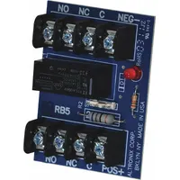 The ALTRONIX RB5 is a DPDT relay module with a phenolic/fiberglass construction, designed for 6/12V DC input voltage. It serves as an accessory for power supplies in access control, security, and industrial automation systems to switch low-voltage DC circuits