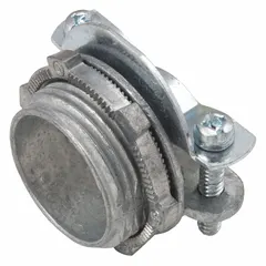 Die cast zinc connector with 1/2 in trade size and 13/16 in overall length. Clamp-style design secures cables entering junction boxes or enclosures. Suitable for 10/2 cable. Does not include grounding feature.