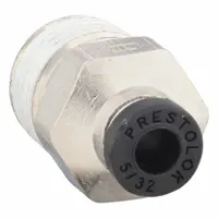 Nickel-plated brass push-to-connect tube fitting with 5/32 in OD tube connection and 1/4 in male NPT thread. Silver finish. Used for connecting tubing to threaded ports in pneumatic or fluid systems