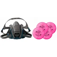 This 3M half-mask respirator kit includes a silicone facepiece in size L and four P100 filters. It is designed for use in industrial environments where respiratory protection against certain airborne particles is required.