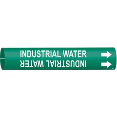 Snap-on pipe marker for identifying industrial water lines. Green background with white legend and directional arrows. Fits pipe outer diameters from 1-1/2 to 2-3/8 inches. Supplied as a single marker.