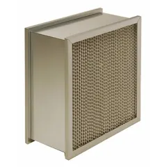 This rigid cell air filter features fiberglass media and a galvanized steel frame with a double-header design. Rated MERV 14, it is used in commercial and industrial HVAC systems for high-efficiency particulate removal, suitable for applications requiring clean air such as hospitals and cleanrooms.