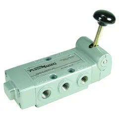 This manual air control valve from the AVENTICS PowerMaster Series features a detent lever operator and a spool design. It is a four-way, two-position, normally open valve used to manually direct compressed air flow in industrial pneumatic systems, such as those found in manufacturing and automation equipment.