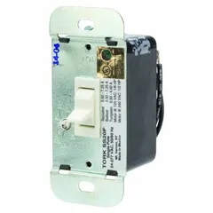 Electromechanical countdown timer with SPST switch, rated for 24/277V AC. Provides adjustable timing from 1 minute to 18 hours. White finish, wall plate not included. Suitable for controlling lighting, fans, or other loads in commercial and industrial applications requiring timed-off delay.