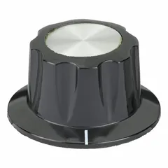 Skirted control knob made from thermoset material, offering heat resistance and electrical insulation. Diameter 1.13 in, height 0.625 in. Used for manual adjustment on industrial equipment, control panels, and machinery.