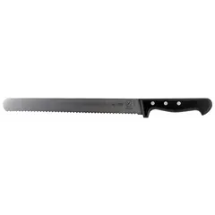 This forged steel slicer knife features a taper ground edge for clean, precise slicing. The 11-inch overall length suits cutting large cuts of meat, poultry, and fish. The black handle is made of glass-reinforced polyoxymethylene for durability. NSF certified for commercial foodservice use.
