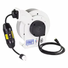 Self-retracting cord reel with ratchet lock for controlled extension and retraction. Includes 25 ft of 12 AWG SJOW cord with NEMA 5-20P plug on both feeder and retractable ends. White finish. Suitable for workshops, warehouses, and industrial environments where cord management and safety are required.