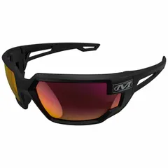 Full-frame safety glasses with metal-detectable black frame and Fire-colored lens. Lens features anti-fog, indoor/outdoor, and mirrored properties. Padded comfort-fit design for extended wear in industrial settings such as machining, material handling, and maintenance.