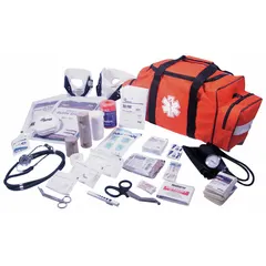 This orange polyester duffel bag trauma kit contains 102 components, including 4 sterile ABD pads (5 in x 9 in), 6 pairs of nitrile gloves, 1 CPR mask, and multi trauma dressing. No oral, inhalant, or topical medications are included. Suitable for emergency first response in industrial, field, or facility settings.