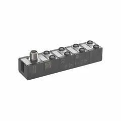 This IO-Link hub provides 8 digital inputs for connecting NPN sensors and actuators to an IO-Link master. It features a 3-pole A-coded M8 female connector and operates at 24V DC. The hub is rated IP67, making it suitable for use in industrial environments where dust and water ingress protection is required.