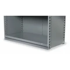 This base strip provides a finished, protective base for standard metal shelving units. It helps stabilize shelving and prevents debris accumulation underneath. Made of 20 ga steel with a gray powder-coated finish, it includes attachment hardware for installation. Commonly used in warehouses, industrial storage areas, and retail backrooms.