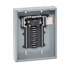 Indoor main breaker load center rated 100 A, 120/240 V AC, single-phase, with 20 spaces and a 22 kA short-circuit current rating. Convertible, plug-on neutral design supports up to 4 tandem breakers. Enclosure cover ordered separately. Used for residential and light commercial electrical distribution.