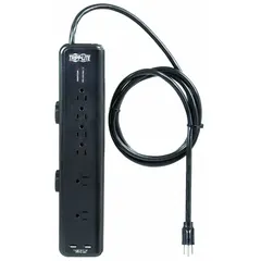 General-purpose surge protector with 6 outlets, 6 ft power cord, 2100 J energy rating, and 15 A current capacity. UL 1449 listed. Desktop mounting style. Suitable for protecting office equipment, home electronics, and workstations from power surges.