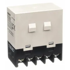 Bracket-mounted enclosed power relay with 4PST-NO contact configuration, rated 25 A at 220V AC (inductive load). Coil voltage 24V DC. Square base with W-bracket mounting style, screw terminal connections, and 10 terminals. Suitable for switching high-current loads in industrial control panels and machinery.