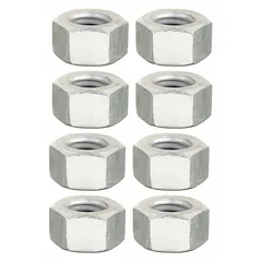 Zinc-plated hex nut with 1/2-13 thread size, supplied in an 8-pack. Used to secure threaded fasteners in pump assemblies and general industrial equipment. Provides corrosion resistance for indoor applications.