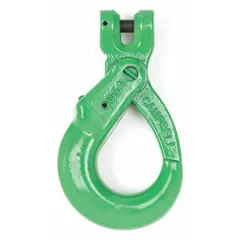 Self-locking hook made from Grade 100 alloy steel with a clevis mounting and green finish. Rated for a working load limit of 4,300 lb. Designed for lifting and rigging applications where secure attachment is required. No visual indicator markings.