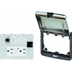 Ethernet panel interface with Cat5e RJ45 panel configuration and RJ45 terminations. Rated 250 V AC with a 3 A fuse. IP65-rated enclosure with ABS lid and polyamide housing. Used for industrial networking applications requiring a sealed Ethernet connection through a panel.