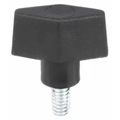 This T-handle knob features a plastic body with a steel threaded stud. It has a 1/4"-20 thread size and a 0.75 in thread length. Used for manual clamping, positioning, and adjustment on machinery, fixtures, and industrial equipment.