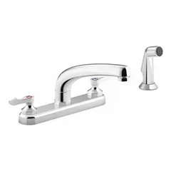 This centerset kitchen faucet is constructed from brass with a low arc design and pull-out spray head. It is configured for widespread deck mounting using four mounting holes. Suitable for residential and light commercial kitchen sink applications where flexible rinsing and cleaning are required.