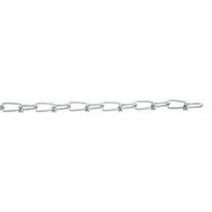 This steel chain features a double-loop design with a zinc finish. It has a trade size of 1 in and a working load limit of 155 lb. Suitable for light-duty lifting, pulling, and securing loads in industrial and maintenance settings.